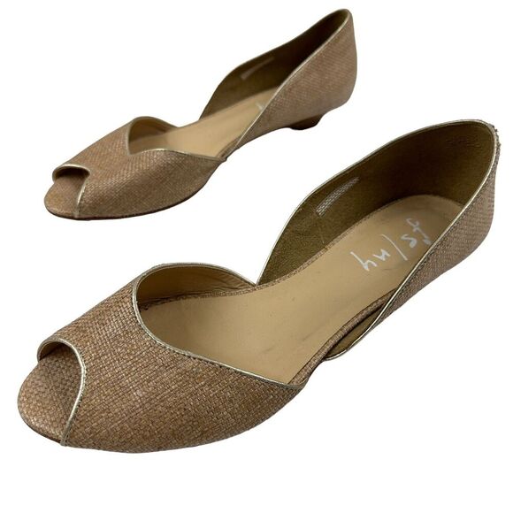 FS/NY Slip On Peep Toe Brown Gold Woven D'Orsay Cone Heel Sz 9.5 MADE IN BRAZIL - Picture 1 of 11